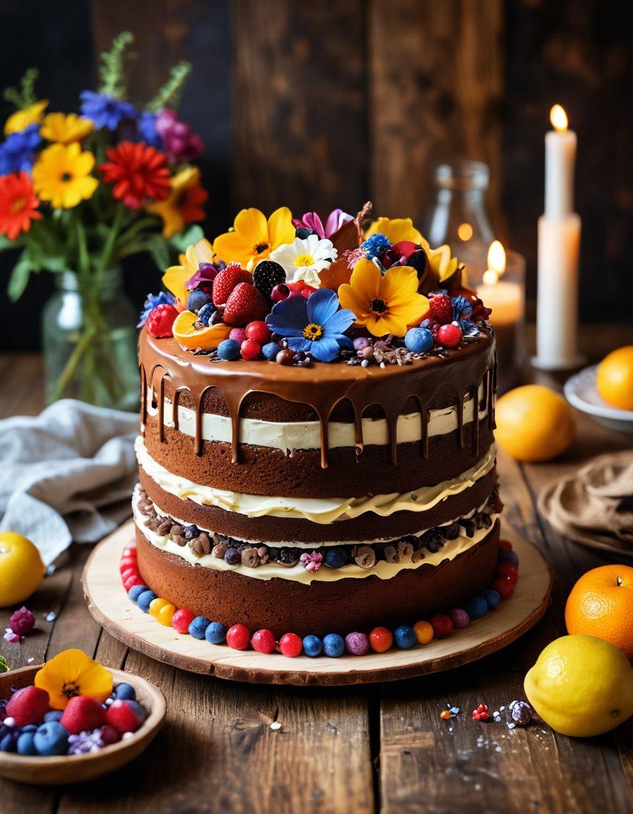 A beautifully decorated cake with intricate designs, vibrant colors, and edible flowers, set on a rustic wooden table. Surrounding the cake are sensory elements like fresh fruits, chocolate, and colorful sprinkles. The scene is softly lit with warm tones, inviting the viewer to indulge. In the background, hints of a kitchen can be seen, with utensils and baking ingredients, creating a warm, homey atmosphere. super-realistic. vibrant colors. soft lighting.