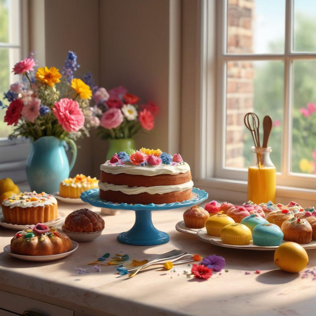 A beautifully decorated baking scene showcasing colorful cakes and pastries, with delicate icing flowers and whimsical tools scattered around. A warm, inviting kitchen ambiance with sunlight streaming through the window, illuminating the joyous creativity of baking. An artistically arranged display of baking ingredients in vibrant hues, blending the themes of affection and artistry in a heartwarming composition. 3D render. vibrant colors. warm tones.